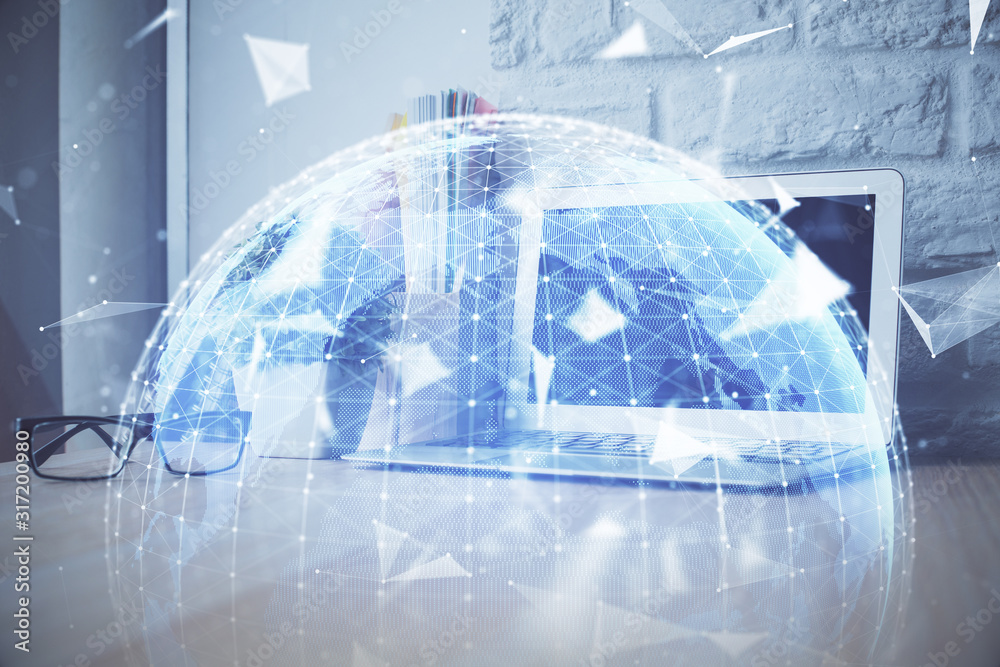 Multi exposure of business theme icons and work space with computer background. Concept of success. Multi exposure of business theme icons and work space with computer background. Concept of success.