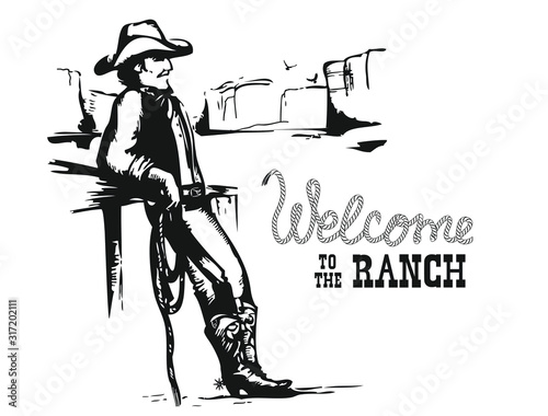 Sheriff man portrait in cowboy hat and sheriff star. Vector Western hand drawn illustration isolated on white with Wild West text