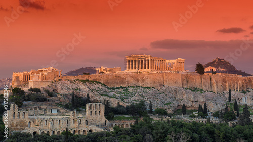 The Acropolis of Athens, with the Parthenon Temple at sunset, Athens, Greece.