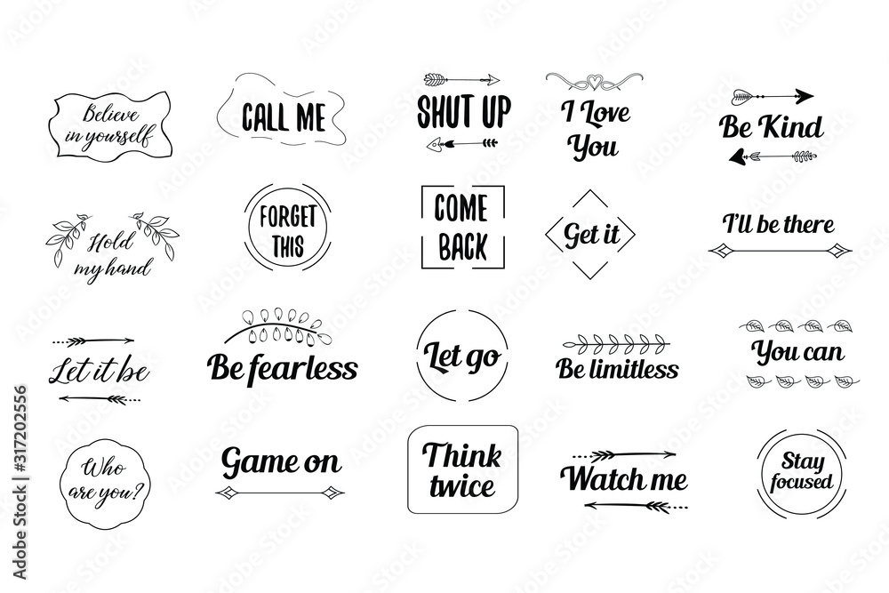 Set of 20 vector Motivation Inspiring Quotes. Ready to post in social media, brochure, magazine. 