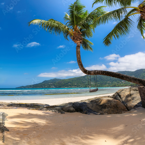 Fototapeta Naklejka Na Ścianę i Meble -  Coco palm trees on Sunny beach and turquoise sea in Seychelles island. Summer vacation and tropical beach concept.