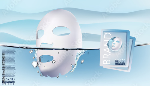 Face Mask cosmetic products .Isolated on bright and shiny blue background Split-Shot Underwater with bubbles and drops.