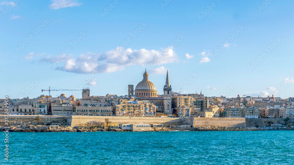 Panorama of Valletta, seafront skyline of the capital city of Malta from Sliema shoreline