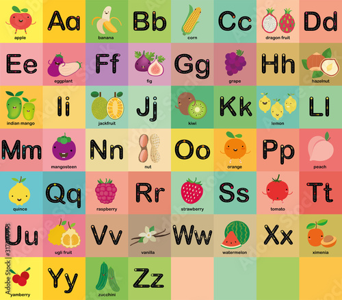 A-Z fruit alphabet set for kids  Vector illustration 