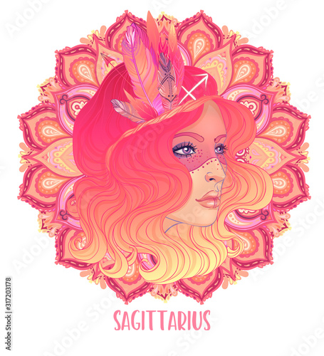 Drawing of Sagittarius astrological sign as a beautiful girl over ornate mandala pattern. Zodiac vector illustration isolated on white. Future telling, horoscope, alchemy, spirituality, fashion woman.