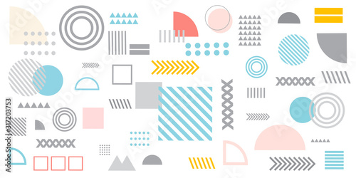Memphis design elements simple white abstract background with circles, line, rectangle, dots, cross, mountain river egypt basic shape vector illustration for business, shirt, and many more. 
