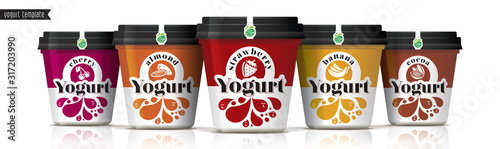 Yogurt vector packaging design. Fruit and nuts yogurt set.