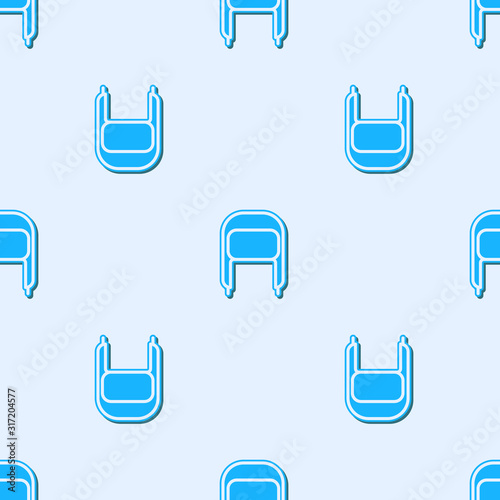 Blue line Winter hat with ear flaps icon isolated seamless pattern on grey background. Vector Illustration