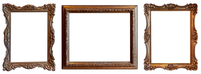 Set of golden antique frames on a white background isolated