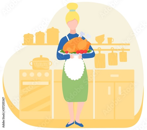 Woman in kitchen with roasted turkey, traditional thanksgiving dish, vector illustration