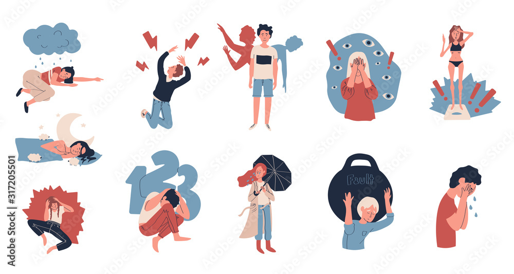 People suffering from depression and stress, vector illustration