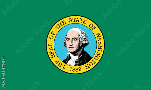 The state flag of Washington consists of the state seal, displaying an image of state namesake George Washington, on a field of dark green with gold fringe being optional.	