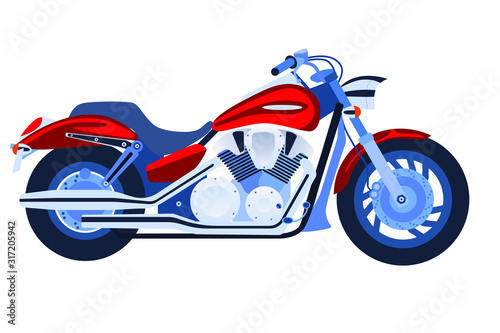 Vector illustration of red chopper motorcycle isolate on white background. Side view.  Print for t-shirt, poster. 
