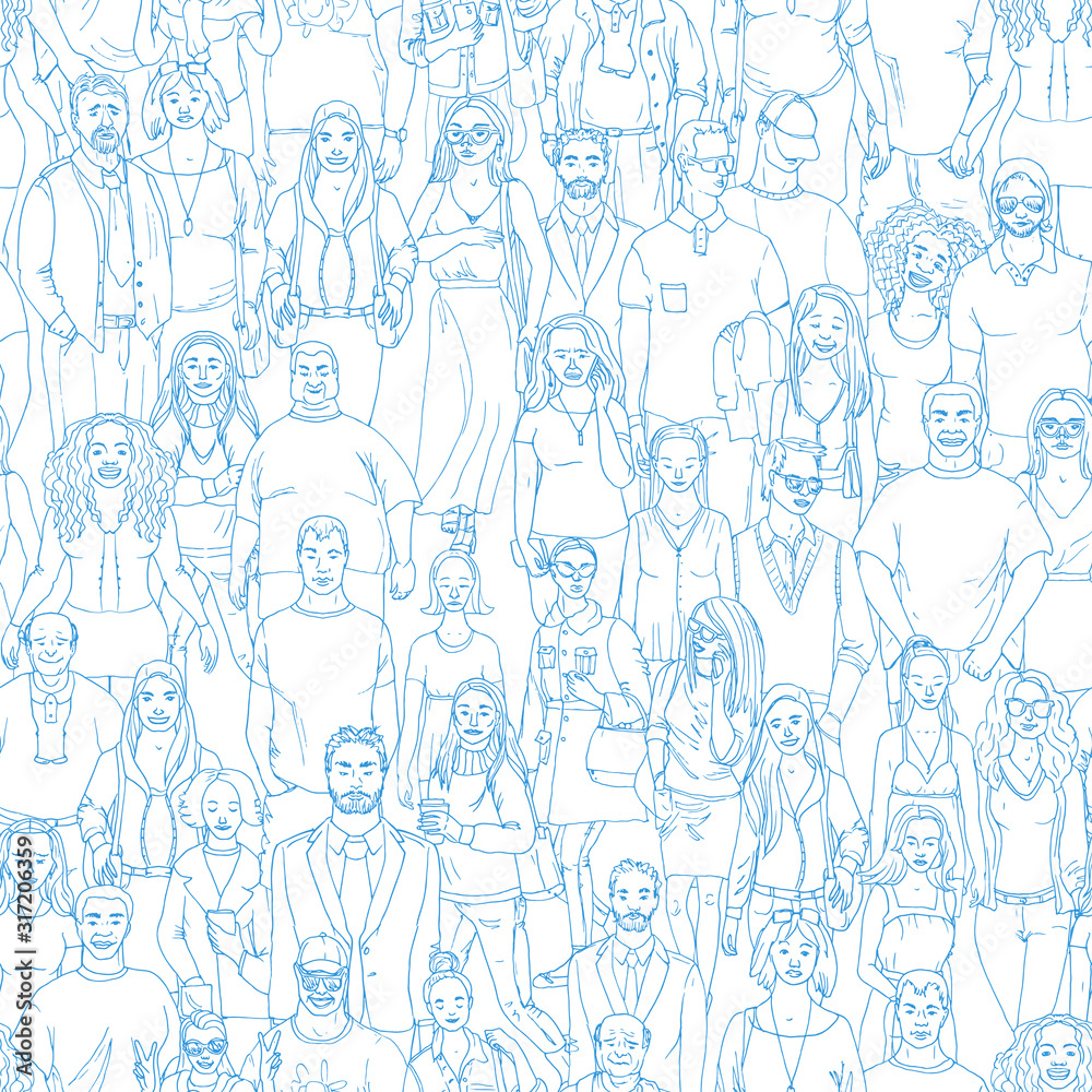 seamless  Vector illustration of crowd of people. Hand drawn background