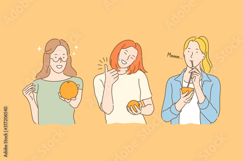Health, vegan, fruit juice set concept. Young woman wants to be healthy. Girl likes eco food so much. Woman likes drinking fruit juice. Vegans and vegetarians prefer eating fruits. Simple flat vector