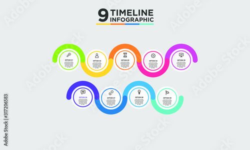 9 step timeline infographic element. Business concept with nine options and number, steps or processes. data visualization. Vector illustration.