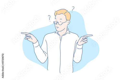 Confused guy showing fingers in different directions concept. Puzzled, confused, perplexing person, thinking about problem solution, getting lost, multiple question marks. Simple flat vector