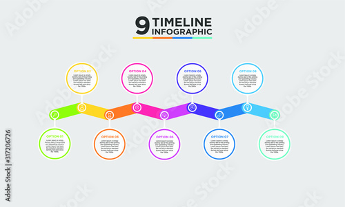 9 step timeline infographic element. Business concept with nine options and number, steps or processes. data visualization. Vector illustration.