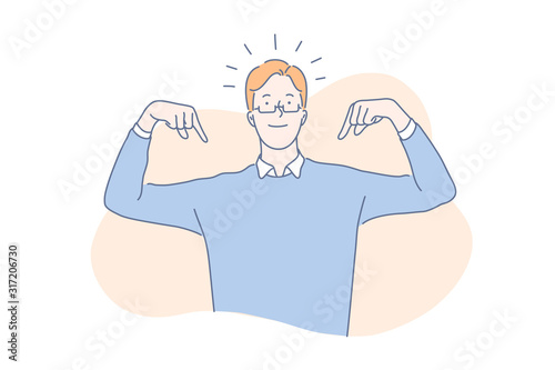 High self esteem concept. Proud young man pointing at himself with both hands, confident, successful handsome guy bragging, narcissistic, arrogant, charming leader. Simple flat vector photo