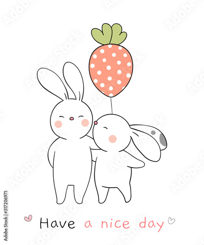 Draw couple bunny holding balloon on white for spring season.