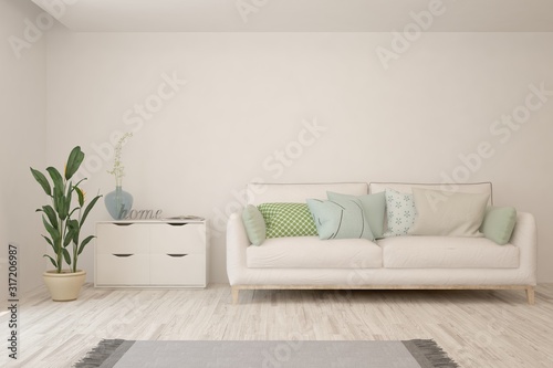 Stylish room in white color with sofa. Scandinavian interior design. 3D illustration