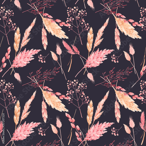 Beautiful vector seamless pattern with watercolor herbarium wild dried grass in pink and yellow colors. Stock illustration.