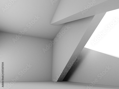 Empty abstract interior with geometric installation and white window 3d