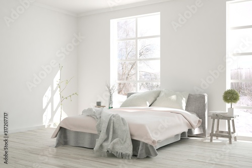 Stylish bedroom in white color with winter landscape in window. Scandinavian interior design. 3D illustration