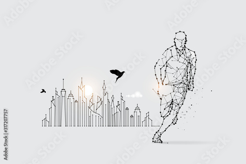 The particles, geometric art, line and dot of running