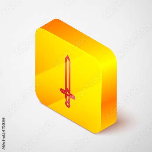 Isometric line Medieval sword icon isolated on grey background. Medieval weapon. Yellow square button. Vector Illustration