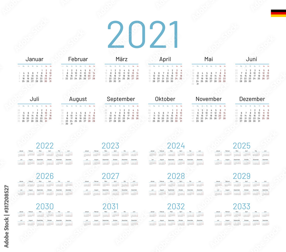 German Calendar for 2021. Week starts on Monday