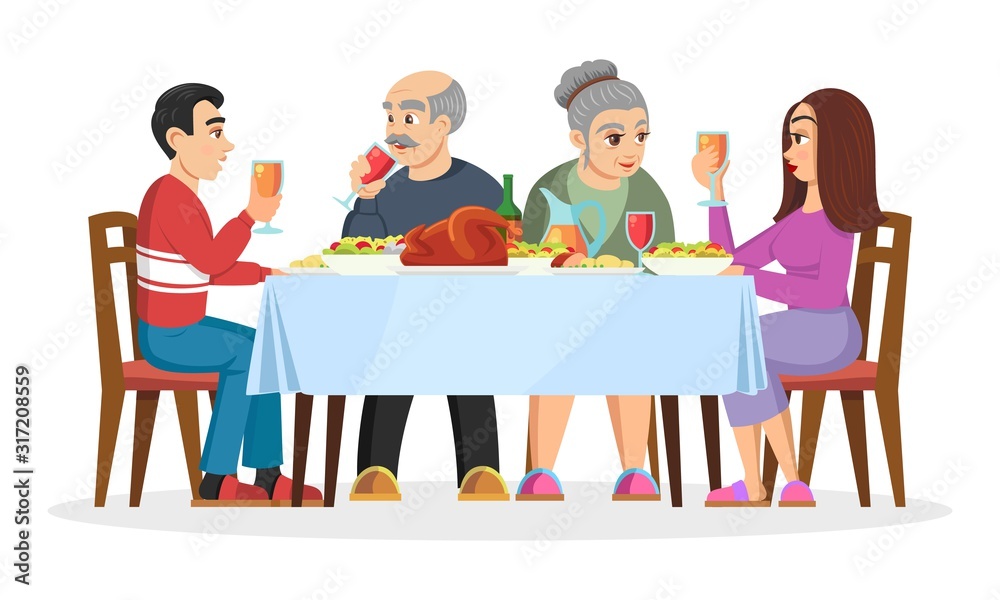 Adult children getting to know with parents of his or her chosen one. Friendly family celebtrating holidays at home, eating treats. Engaged young couple. Vector cartoon illustration isolated on white.