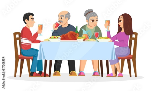 Adult children getting to know with parents of his or her chosen one. Friendly family celebtrating holidays at home, eating treats. Engaged young couple. Vector cartoon illustration isolated on white.