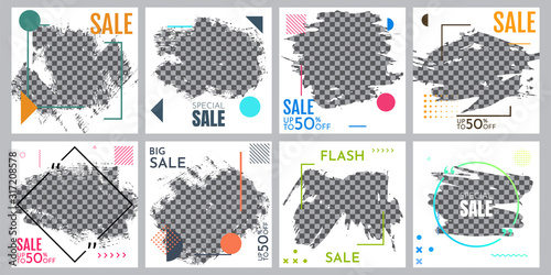 Grunge vector overlay. Banner design. Fashion sale promotion and digital marketing. Hand drawn abstract frame with Memphis pattern elements. Ink brush strokes mess. White poster with color frame