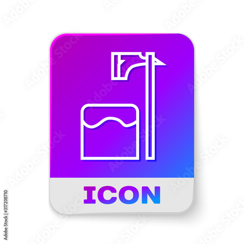 White line Executioner axe in tree block icon isolated on white background. Hangman, torturer, executor, tormentor, butcher, headsman. Rectangle color button. Vector Illustration
