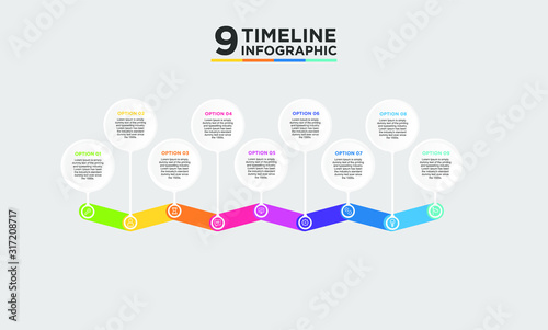 9 step timeline infographic element. Business concept with nine options and number, steps or processes. data visualization. Vector illustration.