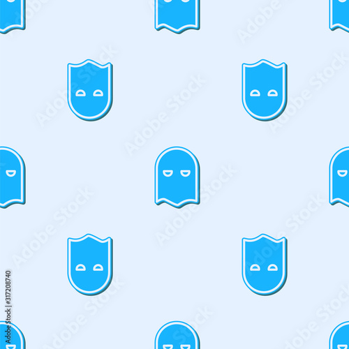 Blue line Executioner mask icon isolated seamless pattern on grey background. Hangman, torturer, executor, tormentor, butcher, headsman icon. Vector Illustration