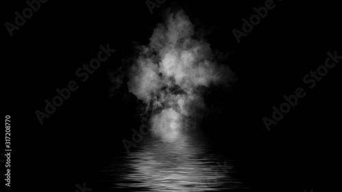 Smoke bomb with reflection in water. Mistery fog texture overlays isolated on background. Stock illustration.