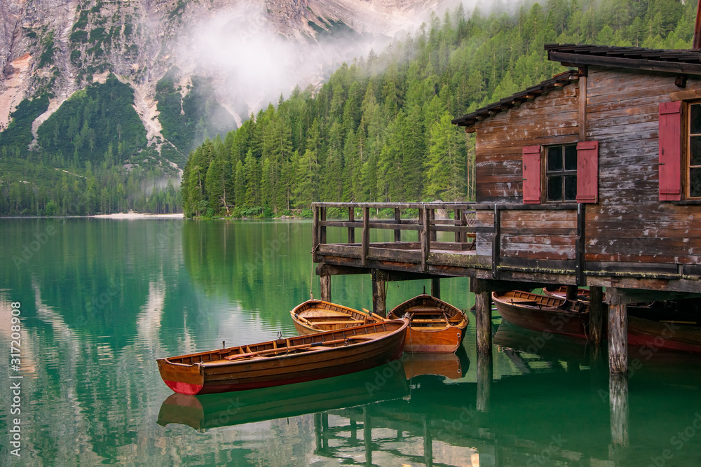 Beautiful alpine scenery on Lago di Braies Lake - Pragser Wildsee - Dolomites, Italy