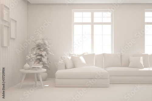 Mock up of stylish room in white color with sofa. Scandinavian interior design. 3D illustration