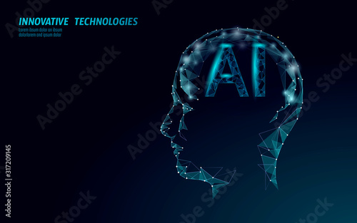 AI artificial intelligence robot support 3D. Virtual assistant voice recognition service technology. Chatbot human brain profile low poly vector illustration