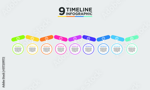 9 step timeline infographic element. Business concept with nine options and number, steps or processes. data visualization. Vector illustration.