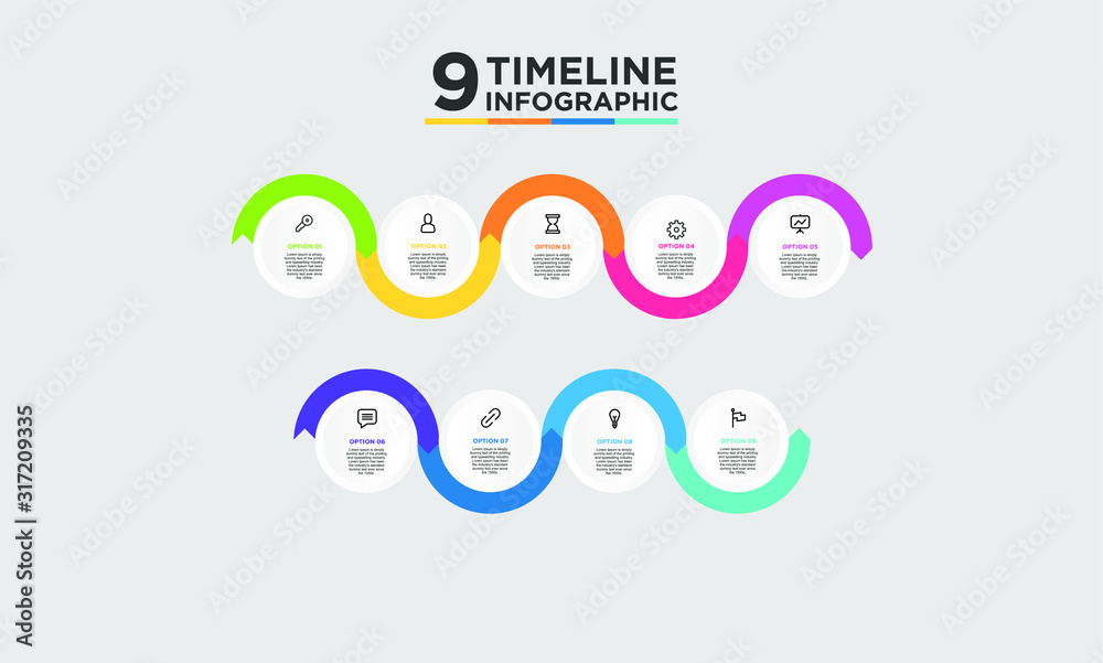 9 step timeline infographic element. Business concept with nine options and number, steps or processes. data visualization. Vector illustration. 9 step timeline infographic element. Business concept with nine options and number, steps or processes. data visualization. Vector illustration.