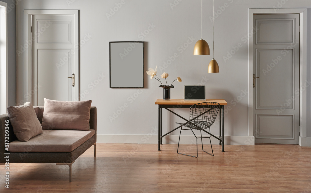 Fototapeta premium Grey living room concept, door detail, working table and chair style.