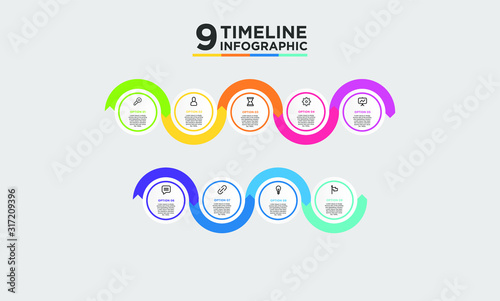 9 step timeline infographic element. Business concept with nine options and number, steps or processes. data visualization. Vector illustration.