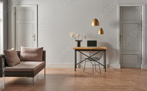 Grey living room concept, door detail, working table and chair style. photo