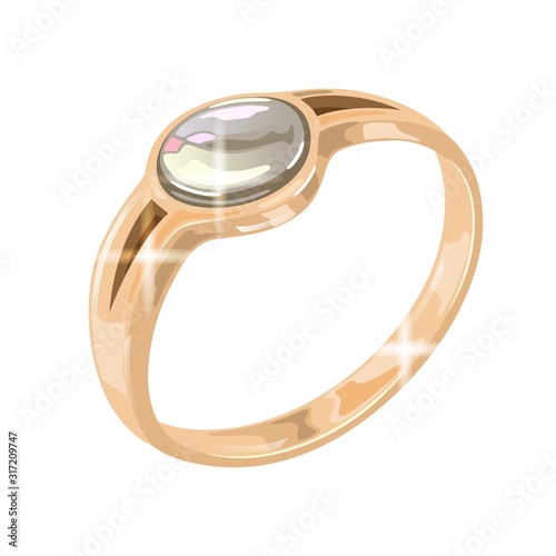 Golden round diamond solitaire ring in traditional vintage style. Elegant accessory is best luxury gift for Vatentine s day, anniversary, engagement. Vector realistic illustration isolated on white.