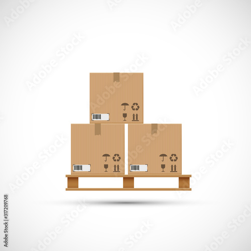 Cardboard boxes on a wooden pallet. Parcels in a warehouse