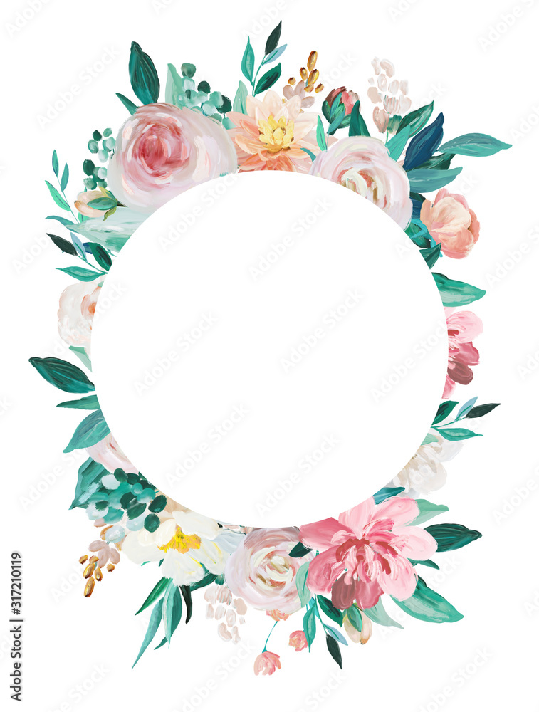 Blush and Mint floral frame isolated on white background. Hand drawn painting arrangement for wedding invitation, birthday, business, anniversary, party invitation, holidays.