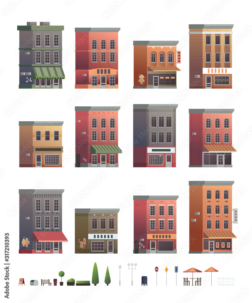 Downtown vector building set with shop or store illustration isolated on white background